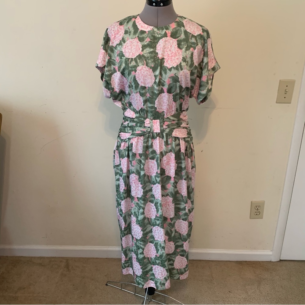Vintage 80s Sage Green Floral Dropwaist Dress Size 14
